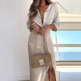 Fongt 2024 New Fashion Low-Cut Striped Shirt High-Waisted Slit Skirt Suit-Outfit