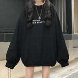 thin Sweatshirt Women Sweatshirts Pullover Oversized Casual Long Sleeve long Top letter printed hoodie black