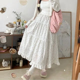 Fresh Floral Fungus A-line Skirt for Women High Waist Ruched Cake Skirts 2024 Summer New Mid-length Lloose Faldas Mujer-Outfit