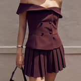 Fongt Spring New Sexy Pure Desire Temperament Double-Breasted One-Word Shoulder Dress Pleated Skirt