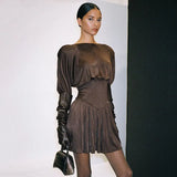 Temperament Round Neck Lantern Sleeve Dress Sexy Hot Girl Slim Pleated Skirt Elegant Party Club Outfit Vestidos-Outfit