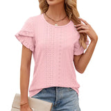 2024 New Round Collar Solid Color Petals Short-Sleeved Casual T-Shirt-Outfit