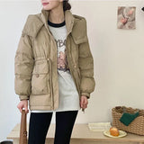 Half-Round Button Short Down Jacket Female 2024 Winter New Hat Add Thick Waist Show Thin Overalls Warm Coat-Outfit