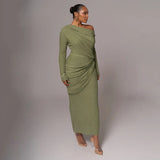 Draped Off-Shoulder Long Sleeve Top And Maxi Skirt Set-Outfit