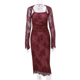 Red Lace Sheer Removable Sleeve And Lace Up Midi Dress-Outfit