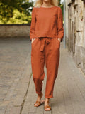 Women's Fashion Solid Color Casual Pocket Two-piece Simple Retro Elastic