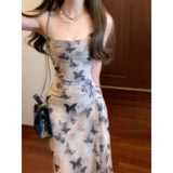 Fongt Chinese Ink Butterfly Print Sling Dress Summer Women's Holiday Style Body Bagg Hip Dress Chiffon