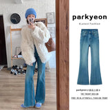 Fongt Kong Style Blue Hottie Slim Elastic Shoes Women Autumn And Winter 2025 High-Rise Thin Horseshoe Long Pants