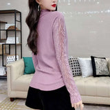 Plant Embroidery Half High Collar Pullovers Fashion Diamonds Spring Autumn New Spliced Women's Clothing All-match T-shirt-Outfit