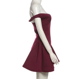 Burgundy Off-shoulder Plunge Backless Mini Dress-Outfit