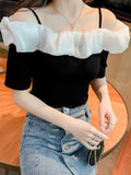 Neck T Shirts Girls Patchwork Stretchy Slim Tshirt Top Women Summer Black White Short Sleeve Tees With Straps-Outfit
