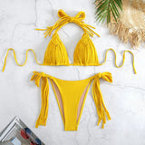 Three-Point Strap Bikini Solid Color Low-Waisted Split Swimsuit Woman 2025 New