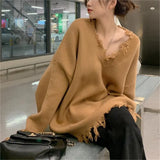 Fongt New Autumn-Winter 2023 V-Neck Sweater Female Loose Long Sleeve Lazy Wind Jacket Sweater Niche Style Broken Hole Sweater-Outfit