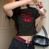 And Lovely Cherry Bow Printed Round Collar Basic T-Shirt Girls Wear A New Style Of Simple Blouse In Summer-Outfit