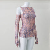 Mesh Letter Print Sleeveless Top With Gloves-Outfit