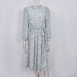 O-neck Lantern Sleeve Elastic Waist Sashes Slim A-line Party
