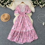 Fongt Dress Women's Summer High-End Feeling V-Neck Lace Splicing Bubble Sleeves To Close The Waist Of The Chopped Snowy Dress