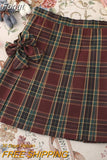 Sweet Bow Jk Plaid Skirt Women Fashion High Waist Adjust Button Girls Pleated Skirt Summer Preppy Style Sexy Mini