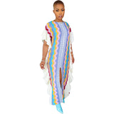 Fongt New Women's Dress Flounce Knitted Striped Slit Dress-Outfit