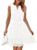 Fongt Women's Summer Sleeveless Dress V Collar Hollow Pores High Waist A Skirt Swing Short Party Dress