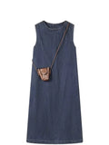 Fongt Temperament Vintage Cowboy Round-Neck Korean Dress Summer Small Gentle, Sleeveless Loose Thin Denim Long Dress Girl