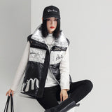 Down Vest Jacket Women Autumn Winter Patchwork Letter Print Stand Collar White Duck Down Waistcoat Lady Outerwear Tank