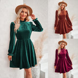 Fongt 2024 Winter New Women's Casual High Collar Velvet Solid Color Waist Dress-Outfit