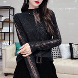 Plant Embroidery Half High Collar Pullovers Fashion Diamonds Spring Autumn New Spliced Women's Clothing All-match T-shirt-Outfit