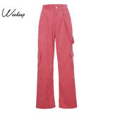 Women Casual Pockets Patchwork Cargo Pants 2021 High Waist Straight Trousers Women