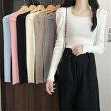 Fongt Collar Bottom Shirt Women's 2023 Autumn Winter New Knitting Low Coltleneck Sweater Short Black Bubble Sleeve Jacket