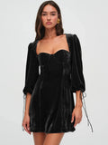 Velvet Square Neck Puff Long Sleeve Mini Dress-Outfit
