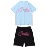 Devil Island Rose Red Letter Printed Short-Sleeved T-Shirt Casual Shorts Set For Men And Women-Outfit