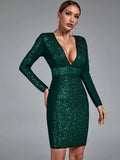 Green Bandage Dress Women Long Sleeve Bodycon Dress Evening Party Elegant Sexy Midi Club Outfits 2023 Autumn