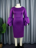 Fongt Temperament Style Dress Personality Petal Sleeve Round Neck-Waisted Dress Dress