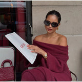 Burgundy Off Shoulder Fold Knit Midi Dress-Outfit