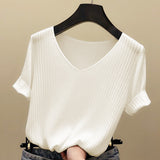 Summer Thin New Ice Silk Sweater Loose V-Collar Bottomed Black T-Shirt Short-Sleeved Women's Solid Color Ins Trend-Outfit