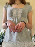 Fongt Style Lace Splicing V-Neck Buckle Pure Desire Short-Sleeved T-Shirt Hottie Waist-On-Wear Shirt Top