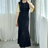 Fongt Women's Clothing Exploding Fashion Simple Solid Color Button Short Sleeves Knitted Dress