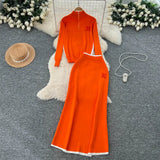 Fongt Simple Wind Bumpy Striped Knitted Sister Set With Long-Sleeved Sweater + High Waist Long Body Skirt Winter
