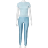 Fongt Women's Simple Solid Color Round Collar Short-Sleeved T-Shirt Tight Trousers Two