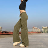 Women's Pocket Casual Pant Vintage Fashion Self Cultivation Low Rise Waist Straight Drawstring Trouser Simple Casual Cargo