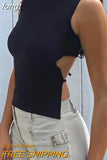 Women Y2K Lace Up Backless Tank Top Solid Knitted T-shirts Tops Sexy Crop Top Night Club Outfits 2023 Streetwear Basic
