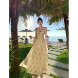 Fongt Tea Break Dress Female 2023 Summer Waist Show Thin Hepburn Style Temperament Floral Halter Dress-Outfit