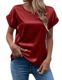 Women's Short-Sleeved Satin Shirt Loose Casual Round-Collar Satin T-Shirt Women's Spring / Summer 2024 New Style-Outfit
