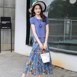 Boho Floral Chiffon Skirts 2 Piece Sets Women Oversized 5xl Suits Short Sleeve Blouse Printted Mid Skirt Beach