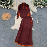 Fongt Simple Wind Bumpy Striped Knitted Sister Set With Long-Sleeved Sweater + High Waist Long Body Skirt Winter