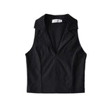 Trendy Women's Vest Fashion Temperament Solid Color Collar Sleeveless Lapel Retro Elastic Spicy Girl Navel Blouse-Outfit