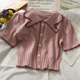 Summer Women Knitted Short Sleeve Patchwork Polo Collar Cropped T-shirts Girls Large Elastic Slim Tshirt Tees Crop Tops-Outfit