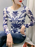 Printing Positioning Flower Long Sleeved Round Neck Slim Fit Top Women Autumn Spring Stretchy Mesh T-shirts FF0875-Outfit