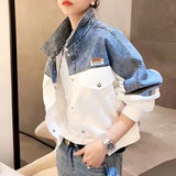 Spliced Denim Coats Women's Clothing Long Sleeve Spring Autumn Casual Lapel Letter Fashion Loose Patch Designs Jackets-Outfit
